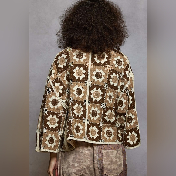 POL Floral Granny Square Crochet Cardigan Retro Boxy Open Front Sweater Openwork - Picture 3 of 16